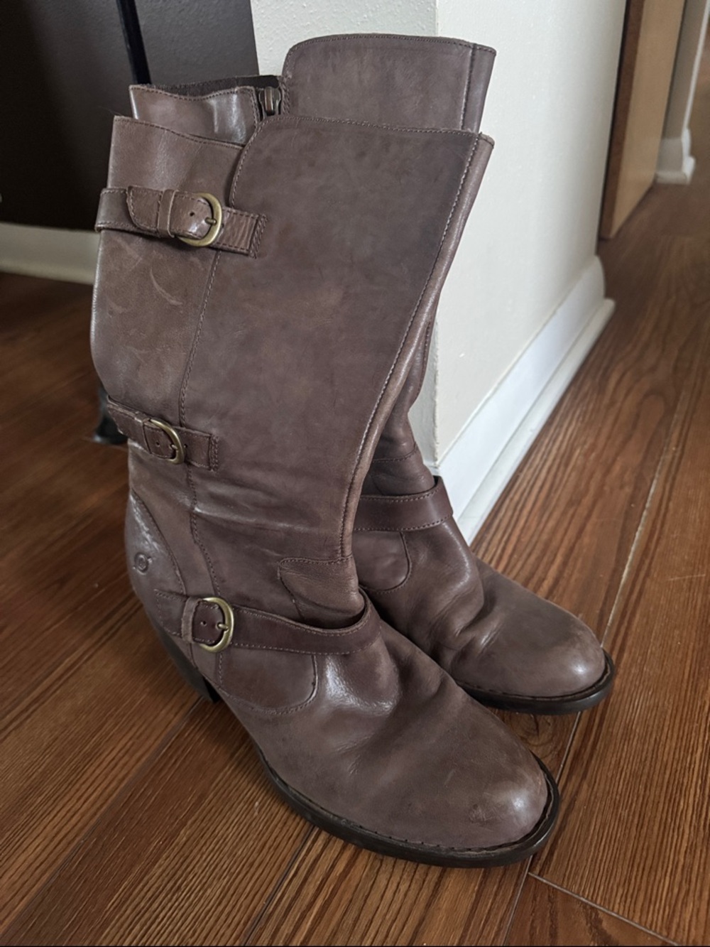 Born Mid-Calf Brown Leather Buckle Heeled Boots